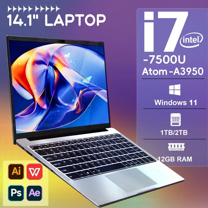 14.1" i7 Laptop Computer Windows 11 12GB DDR4 1TB 2TB SSD Intel Core i7 7500U Intel A3950 1920*1080 Office Study Notebook PC