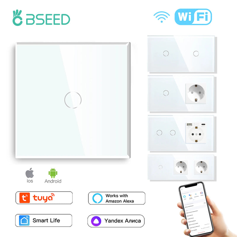BSEED Wifi Touch Swithces Wall Light Switch With EU Socket USB Type-C Plugs  Smart Life Alexa