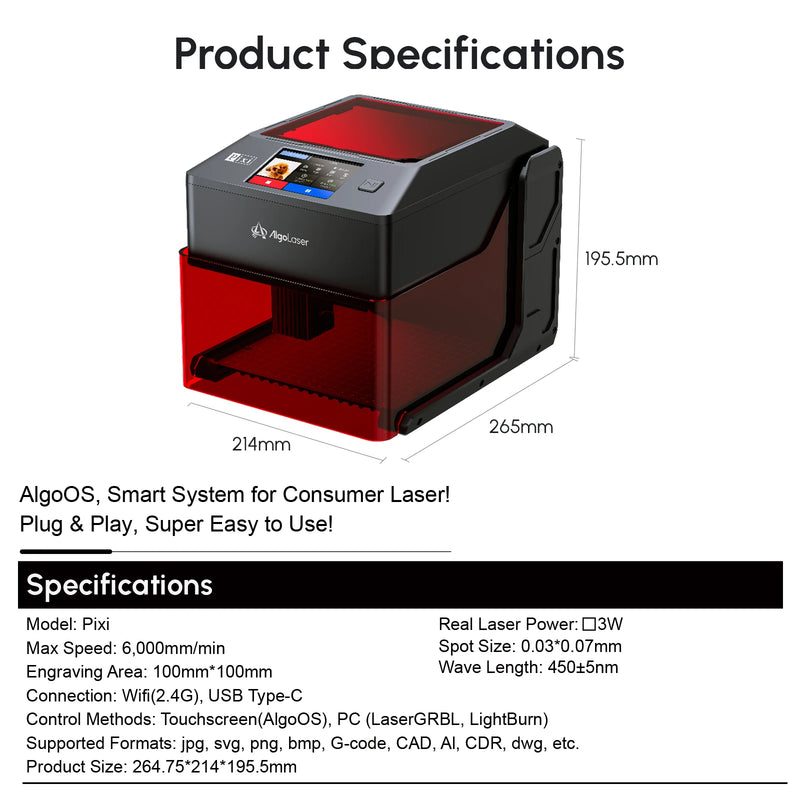 Laser Engraver Machine Portable & Smart with 3.5" Touch Screen, Hand Drawing/Wireless/SD Card/Offline Engraving