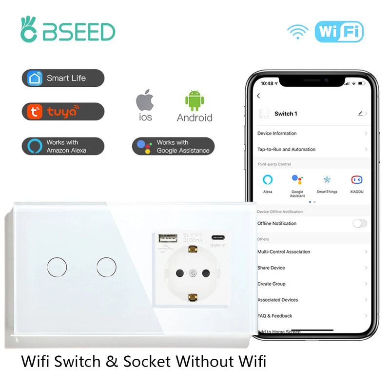 BSEED Wifi Touch Swithces Wall Light Switch With EU Socket USB Type-C Plugs  Smart Life Alexa