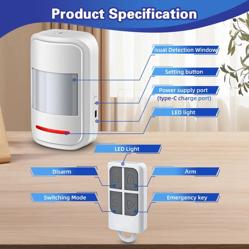 Infrared Detector Motion Sensor PIR Human Body Movement Alarm Welcome Security 2 Modes 120dB High Decibel 433MHz Remote Control